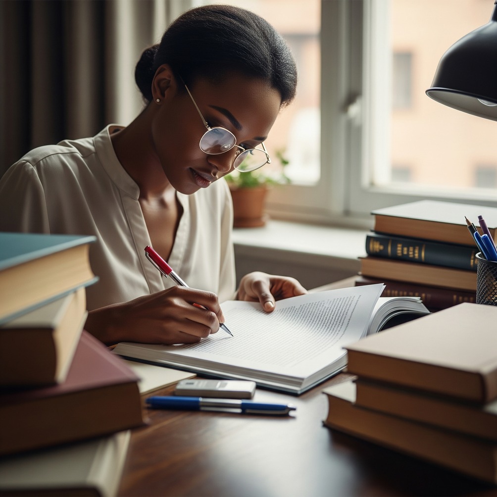 A female editor workng on a manuscript