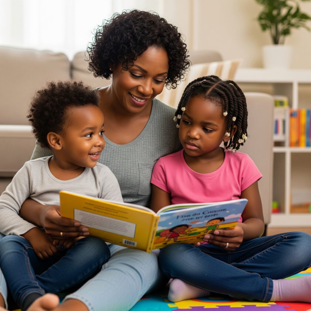 A mother reading to her children