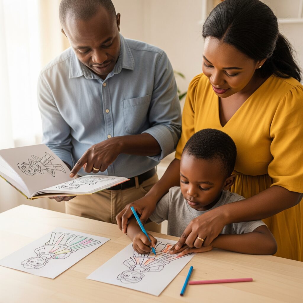 Parents guiding their son to complete a colouring activity